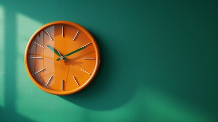 Detailed shot of a Orange clock on a striking Green background, isolated with studio lighting for a bold visual effect