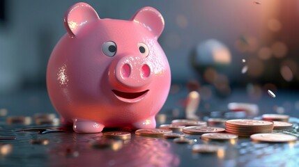 Golden Nest Egg Pink Piggy Bank Overflowing with Coins for Financial Success and Savings Goals