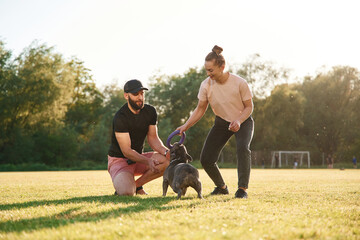 Fototapeta premium Active time spending, with rubber toy. Man and woman are with dog on the field