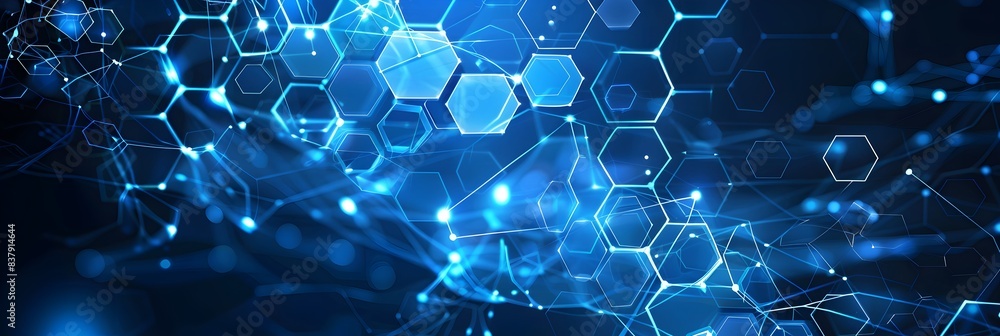 Poster abstract blue background with glowing connections and hexagons for technology, digital network conce