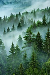 Mystical forest with misty trees, high angle view, grey sky, green pine tree foliage, nature photography