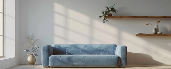 Obraz premium Blue Sofa & Wooden Shelf in Modern Scandinavian Living Room