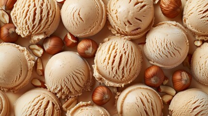 Close-up texture of hazelnut gelato, top view, seamless pattern, summer food photography banner panorama