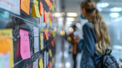 Obraz premium A close-up of an office bulletin board with employees checking notices in the background. Generative AI.