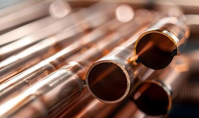 Naklejka premium Aluminum radiator with copper heat pipes close up isolated Clean copper tubing prepared , Generative AI