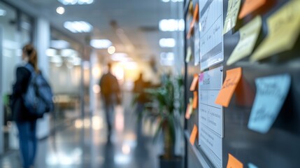 A close-up of an office bulletin board with employees checking notices in the background. Generative AI.
