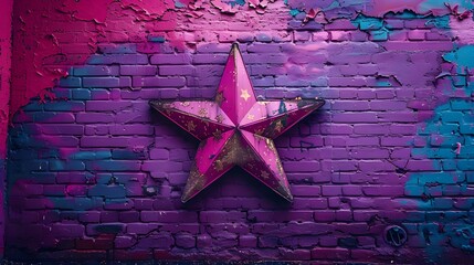 Urban Street Art of Vibrant Graffiti Star on Weathered Purple Brick Wall, Textured Citylife Mural Design Element