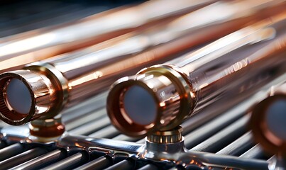 Naklejka premium Aluminum radiator with copper heat pipes close up isolated Clean copper tubing prepared , Generative AI
