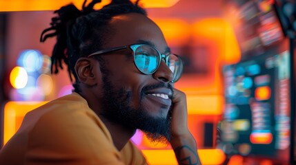 Black man, A creative digital marketer, immersed in a colorful display of e-commerce campaigns, smiling. Generative AI.