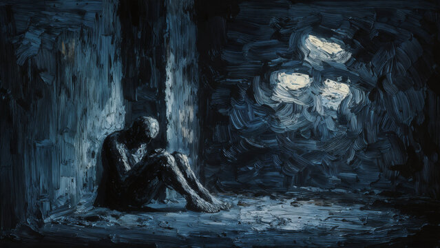 Lonely silhouette of a man sitting slumped in a corner, trapped in a room where his thoughts are gripped by the overwhelming depths of despair and darkness of isolation.