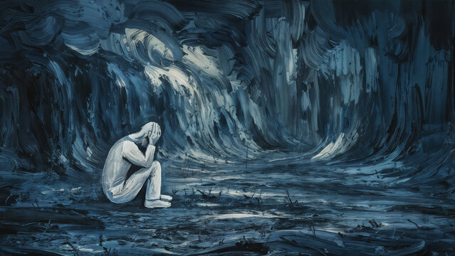 Lonely silhouette of a man sitting slumped in a corner, trapped in a room where his thoughts are gripped by the overwhelming depths of despair and darkness of isolation.