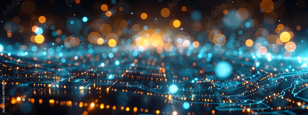Poster abstract futuristic background with glowing blue and orange dots on black grid, forming an array of 