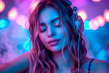 beautiful Woman Dj Enjoying Music with Headphones on smokey party background