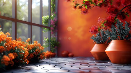 Vibrant Floral Display Near Window, Sunlight Garden Scene with Colorful Blooms and Lush Greenery in Terracotta Pots on Paved Floor