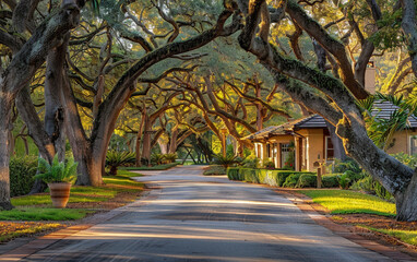 Fototapeta premium Charming home on a peaceful street lined with trees.