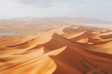 Naklejka premium Aerial view of vast desert dunes, showcasing the flowing lines and soft curves of the sand formations. Capture the interplay of light and shadow, creating a sense of depth and texture. 