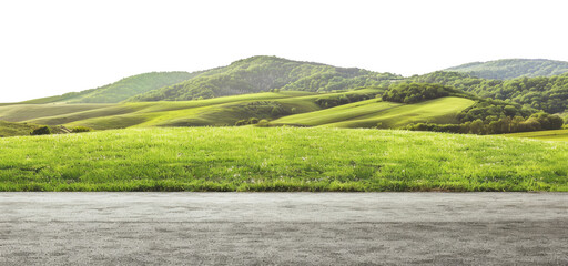 Asphalt road in the countryside, side, view, isolated on transparent background