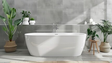 Modern bathroom with bathtub and grey wall tiles. Minimalist interior design of modern home bathroom, front view. White double sunken tub in the center.