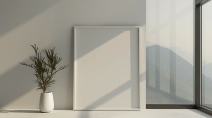 Frame mockup, poster frame standing by the window