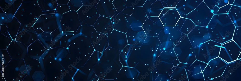 Poster abstract technology background with blue glowing hexagons and connecting dots in dark space