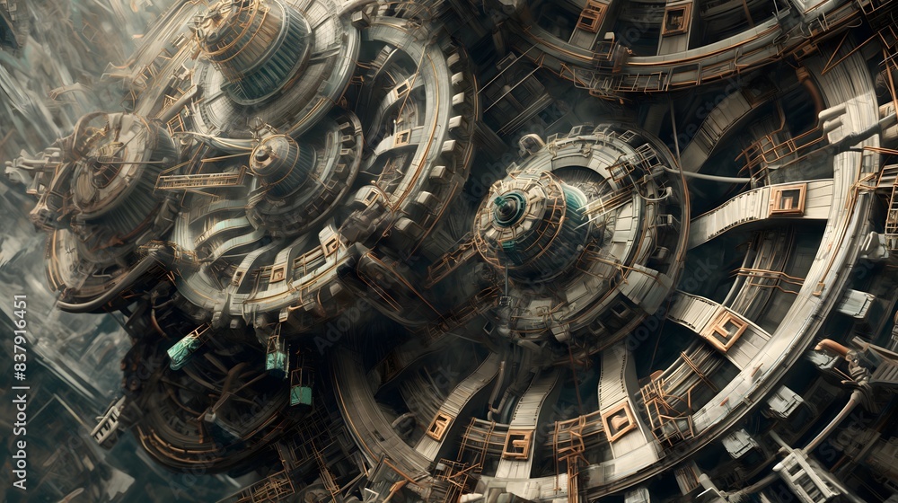 Poster 1. visualize a surreal dream image of industrial assembly, where teams move in perfect synchronizati