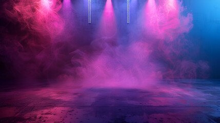 Obraz premium Dark Stage with Neon Lights and Smoke for Product Display