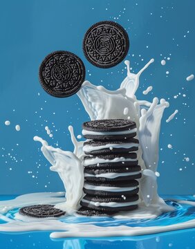 Delicious stack of Oreo cookies with splashing milk against a blue background