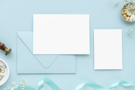 Wedding invitation card mockup on a blue background