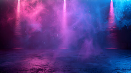 Dark Stage with Neon Lights and Smoke for Product Display