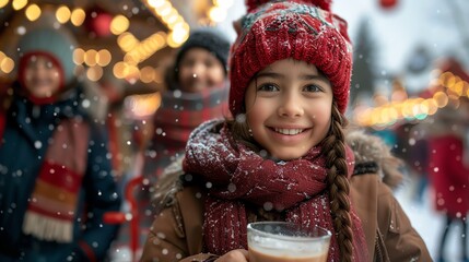 Family visiting a winter carnival, everyone enjoying rides and hot chocolate, festive and lively, bundled up in winter clothes