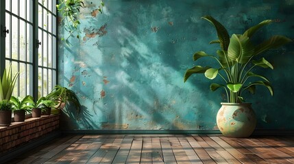 Vintage Industrial Loft Interior with Lush Greenery and Rustic Wood Flooring, Sunlit Textured Blue Wall Casting Soft Shadows