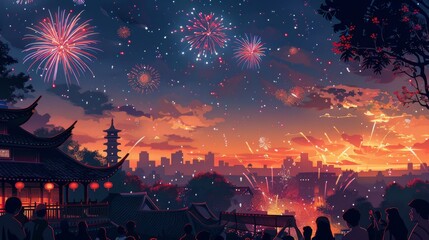 Fototapeta premium Cartoon vector a crowd gathered for a fireworks display on Indonesia Independence Day Generative AI