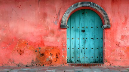 Vintage Turquoise Door and Distressed Red Wall in Traditional Architectural Detail