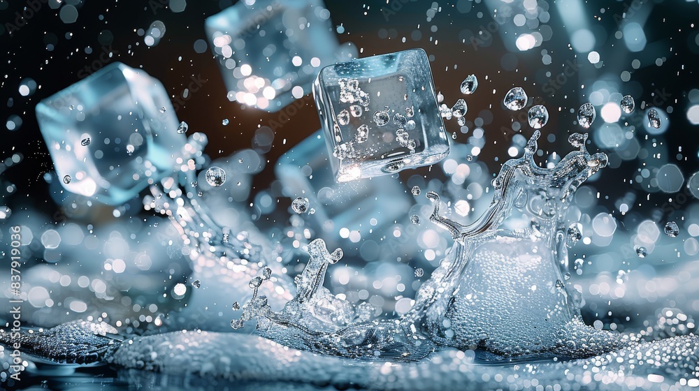 Leinwandbilder Dynamic flying ice cubes melting in mid-flight, surrounded by splashes and droplets of water. background that keeps the focus on the action and movement of the melting process. Generative AI.