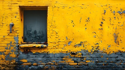Vibrant Yellow Peeling Paint on a Brick Wall with a Single Window for Textured Backgrounds, Urban Decay