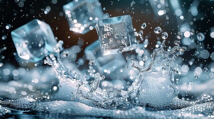 Dynamic flying ice cubes melting in mid-flight, surrounded by splashes and droplets of water. background that keeps the focus on the action and movement of the melting process. Generative AI.