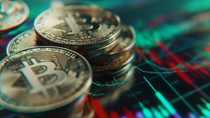 Stacked Bitcoin coins over a fluctuating digital financial chart.