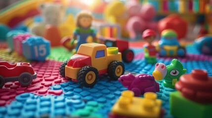 Colorful children's toys scattered on a play mat.