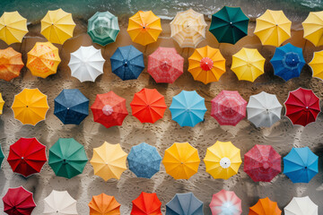 High resolution drone photography from a bird's eye view of a large beach with umbrellas with various colors on each one of them placed haphazardly on the sand. 