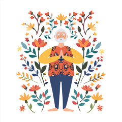 Senior woman practicing meditation surrounded flowers. Elderly female character yoga pose, peaceful tranquil setting. Illustration mindfulness serenity blooming flora