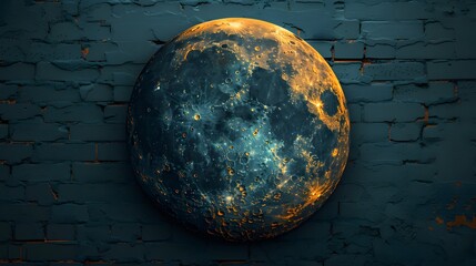 Golden full moon against blue brick wall abstract astronomy backdrop night sky celestial space orb glow texture surface cratered luminous round object urban elements visually striking contrast