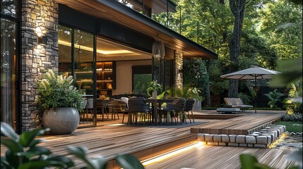 Obraz premium A modern outdoor dining area with wood flooring, surrounded by trees and plants, featuring an umbrella, chairs made in the style of leather, a table covered in white marble stone tile. Generative AI.