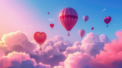 Hot air balloons in the sky. Valentine's day concept.