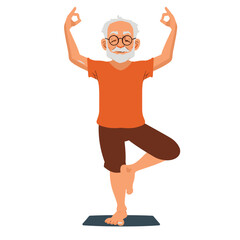 Elderly male character practicing yoga, balancing Tree Pose yoga mat, healthy active lifestyle. Senior man white beard glasses doing yoga, maintaining fitness wellbeing. Cartoon senior male orange