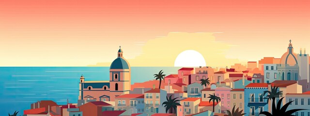 Retro illustration with Portugal town landscape
