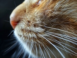 cat's whiskers and nose, highlighting the fine, sensitive hairs and the soft, velvety texture of the feline's fur. 