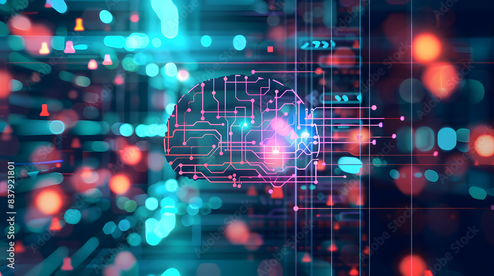 Poster an infographic showing the process of machine learning, machine learning, blurred background, with c