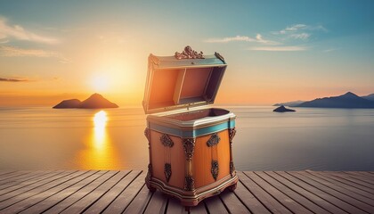 An open treasure chest sits on a rooftop overlooking a majestic city skyline at sunrise. 