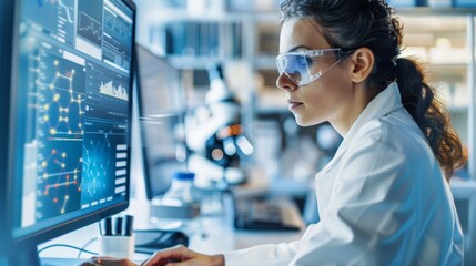  scientist analyzing data on a computer screen, with molecular diagrams and research papers around 