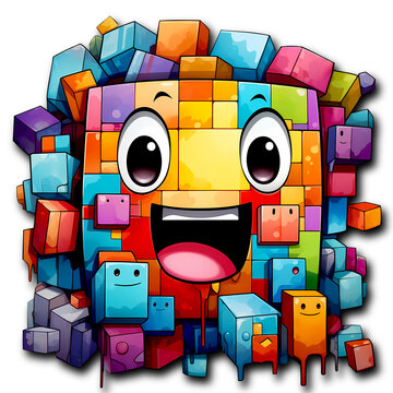 Personnage kawaii cubiste color&eacute; sur fond transparent